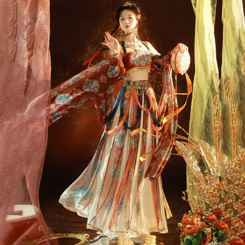 

Костюм Лолиты в китайском стиле; Топ + шаль + юбка; Традиционное танцевальное платье Dunhuang; Топ без рукавов; Длинное платье; Комплект на бретелях