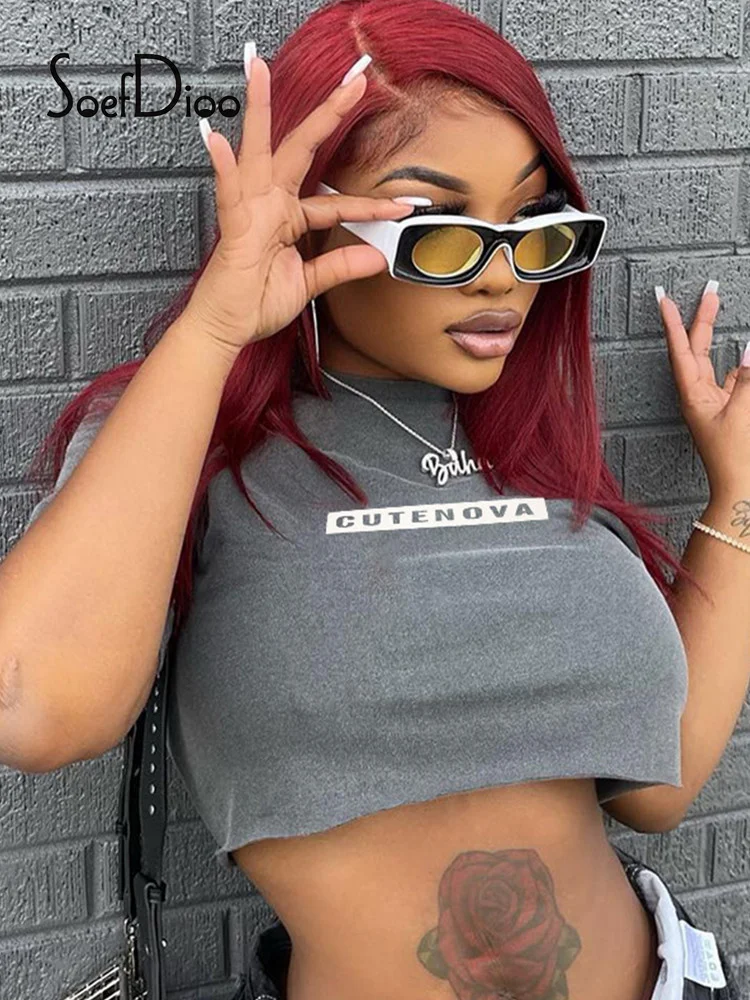 

Soefdioo Women Sexy Tops Fashion Backless Crop Top Summer 2022 Letter Print Round Neck Short Sleeve T Shirts Vintage Streetwear