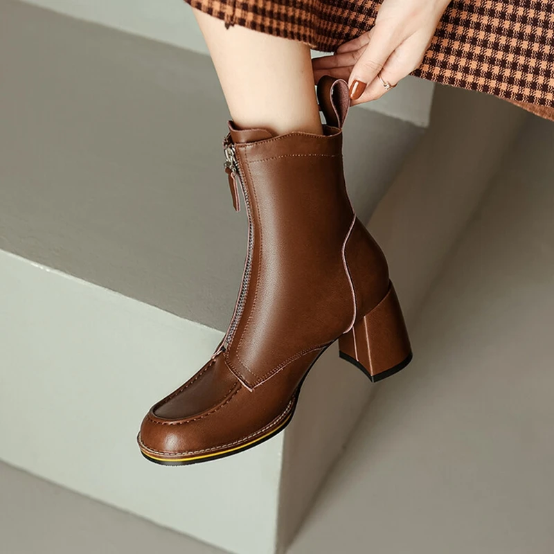 

NEW Fashion Women Shoes Split Leather Boots Square Toe Chunky Heel Shoes Winter Zipper Modern Boots Women Solid High Heel Boots
