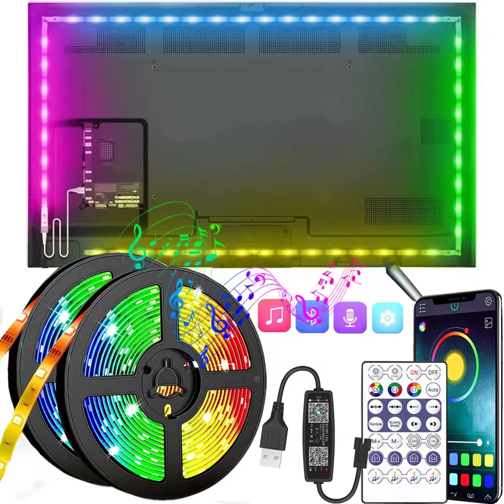 Tira de luces LED WS2812B RGB 5050 DC 5V USB, cinta de lámpara Flexible, Control por Bluetooth, retroiluminación de TV, decoración para fiestas en casa, 1M, 20M
