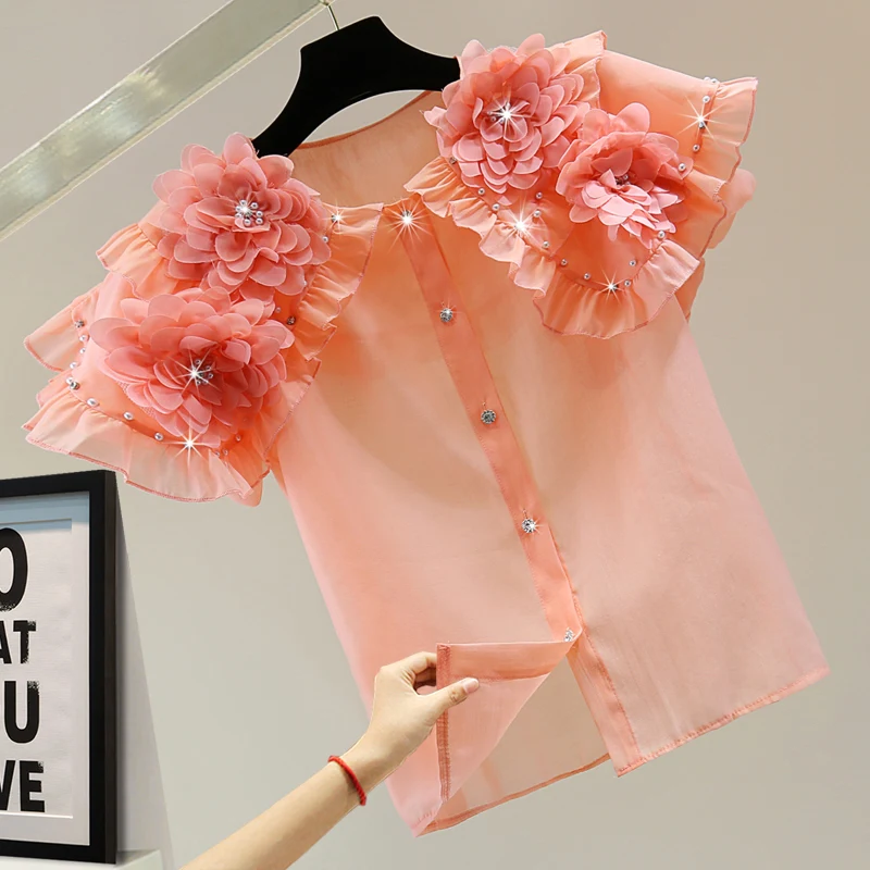 

Fashion Women Thin Shirt 2022 Summer Solid Color Peter Pan Collar Puff Sleeve Shirts Sweet Girl Chiffon Blouse Woman Blouses Top