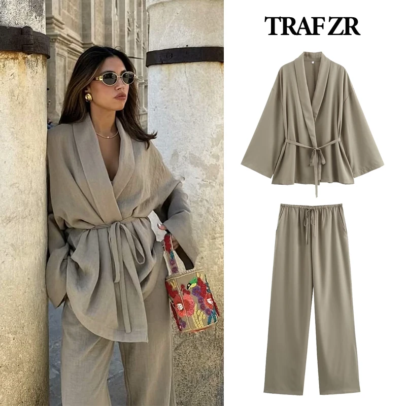 Брючные костюмы TRAF ZR для женщин льняные с комбинированными штанами элегантный