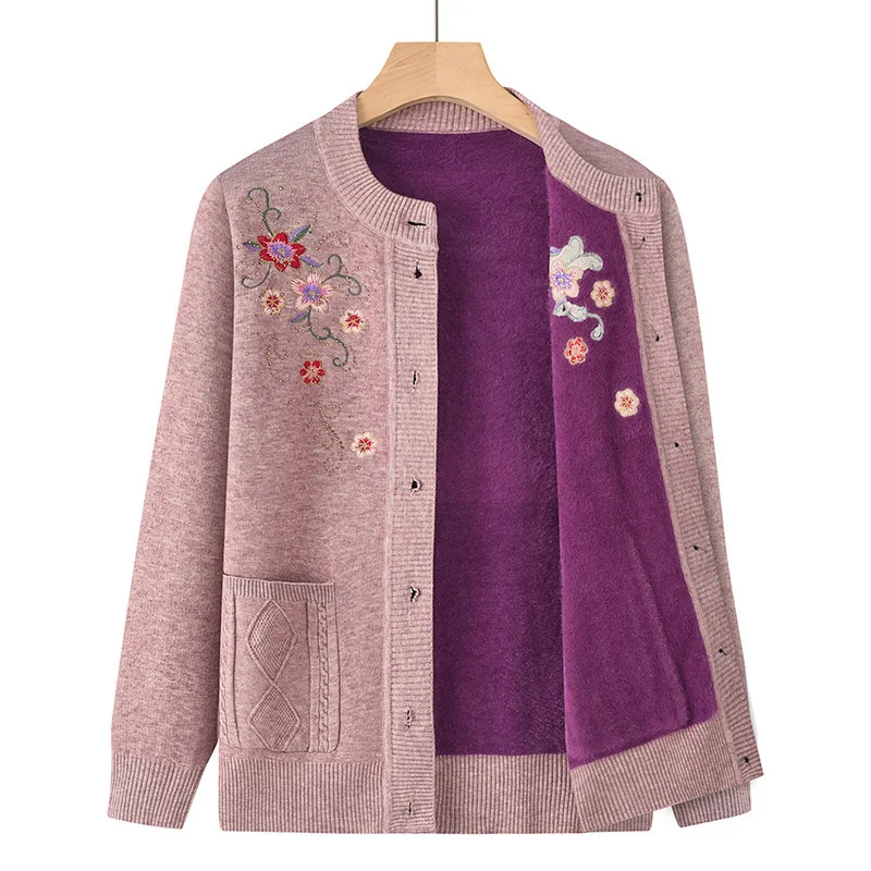 Осень-зима женский вязаный свитер утепленная бархатная теплая куртка для мам