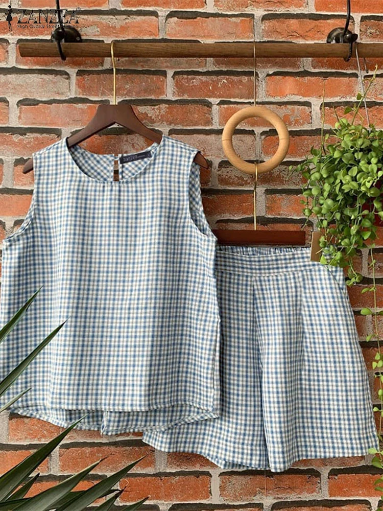 Женские короткие комплекты в клетку 2024 ZANZEA повседневные наряды на бретелях с