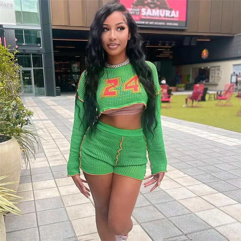 

Knit Hole Women 2 Piece Set Letter Print See Through Sexy Hipster Crop Tops+Shorts Matching Streetwear Skinny Casual Outfits