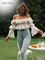 wildpinky elegant ruffled off shoulder summer women blouses spring chic solid white blouse holiday fashion casual women tops