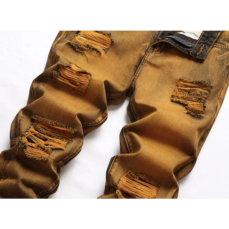 Mens Vintage Ripped Jeans Fashion Cotton Casual Straight Denim Pants High Quality Slim Stretch Jeans Hip Hop Man