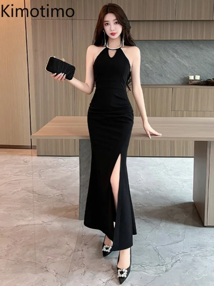 Kimotimo модное сексуальное черное вечернее платье с лямкой на шее женское летнее