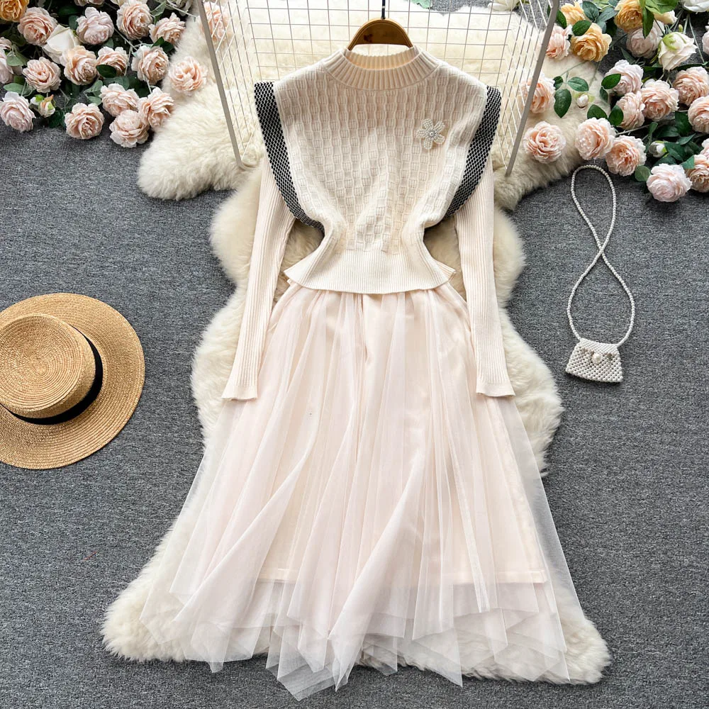 

Fake Two Pieces French Small Fragrant Wind Knitted Patchwork Irregular Mesh Yarn Long Sleeve Long Section Fairy Dress