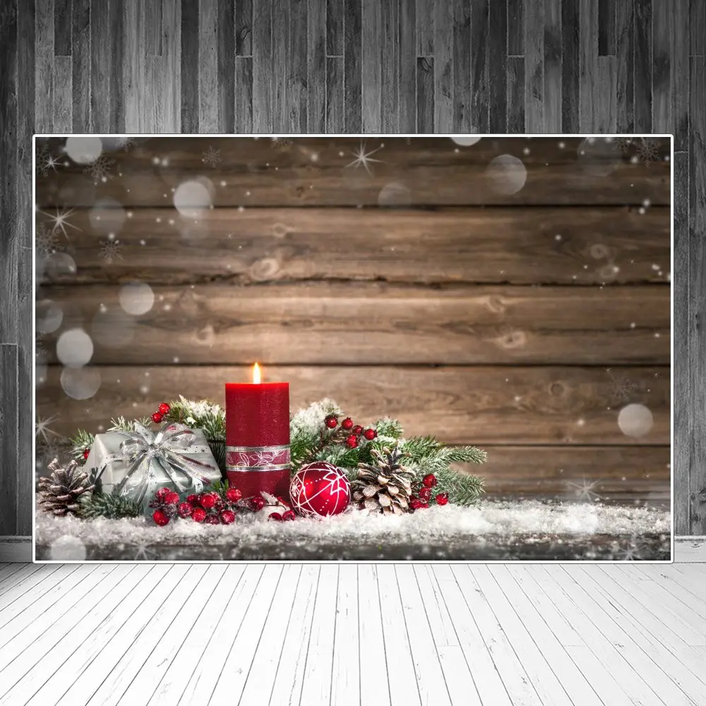 

Фон для фотосъемки с изображением рождественской сосны падуба свечи подарка шара деревянных досок