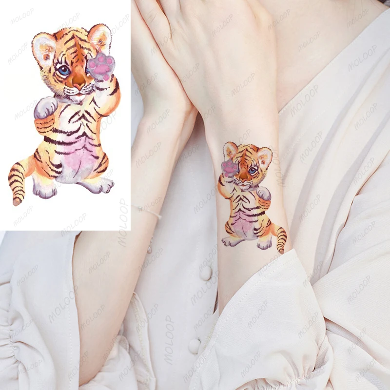 

Temporary Tattoo Stickers Cartoon Cute Pink Standing Tiger Animal for Women Men Kids Fake Tattoos Body Makeup Waterproof Art