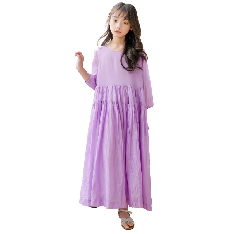 

Summer Long Dress Teenage Girls Kids Solid Purple Cotton Pleated Dresses Big Girls Loose Ankle-length Party Princess Sundress 16