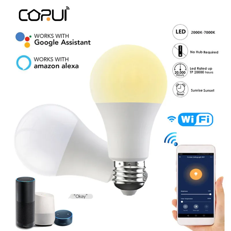 

Умная лампа CORUI, Wifi, лампа с затемнением, 15 Вт, Холодная Теплая лампочка, Голосовое управление, Alexa Google, домашний помощник