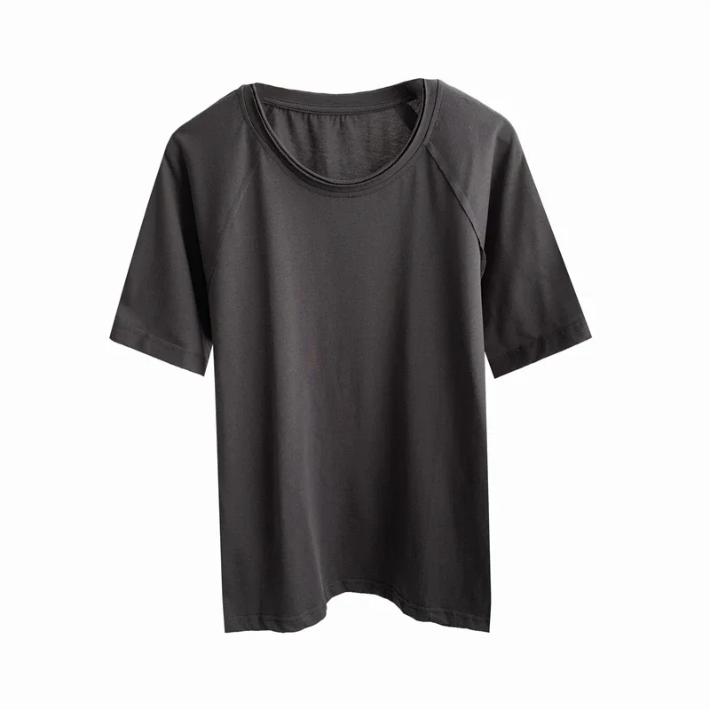 Женская хлопковая футболка реглан с бахромой и круглым вырезом утягивающий