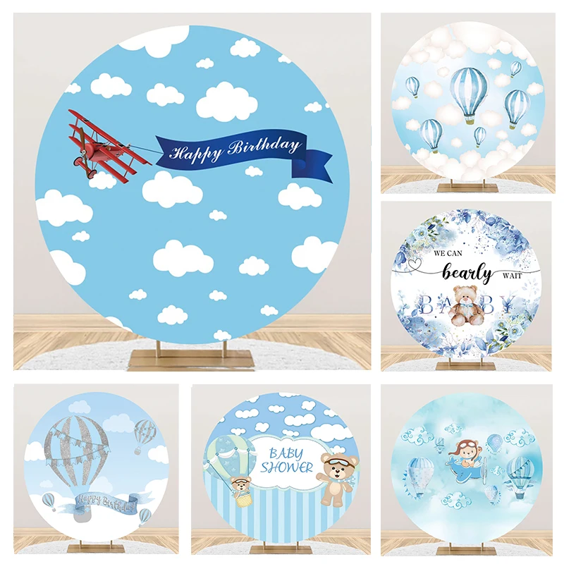 

Laeacco Airplane Themed Birthday Round Backdrop Cartoon Blue Sky White Clouds Red Aircraft Baby Portrait Photography Background
