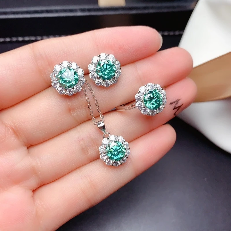 

Astuyo Wish Elegant Set of Earring Ring Necklace for Women Blue Green Moissanite Stone Proposal Wedding for Female Present Gift
