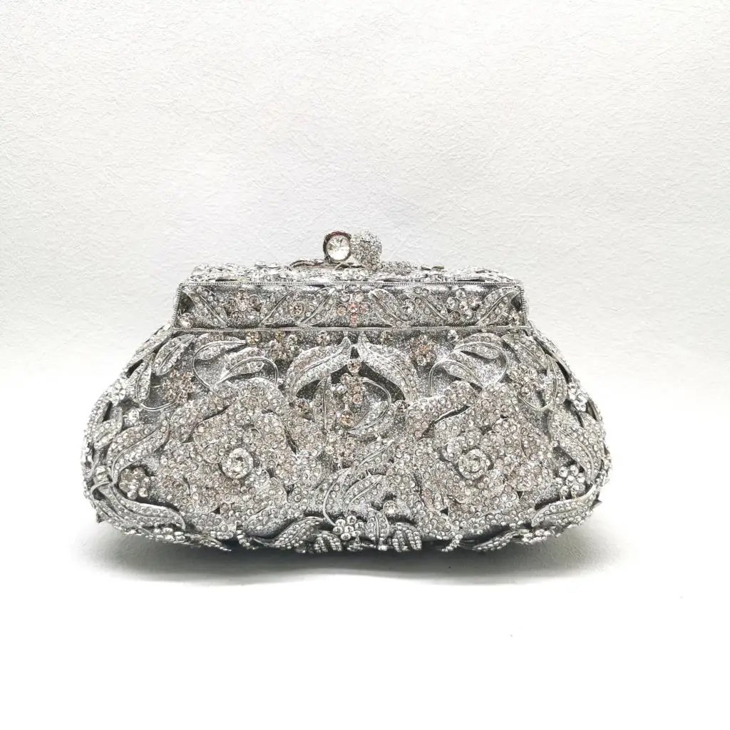 

Hollow Out Dazzling Silver Crystal Flower Clutch Bag Women Evening Bags Diamond Minaudiere Ladies Party Clutches Wedding Handbag