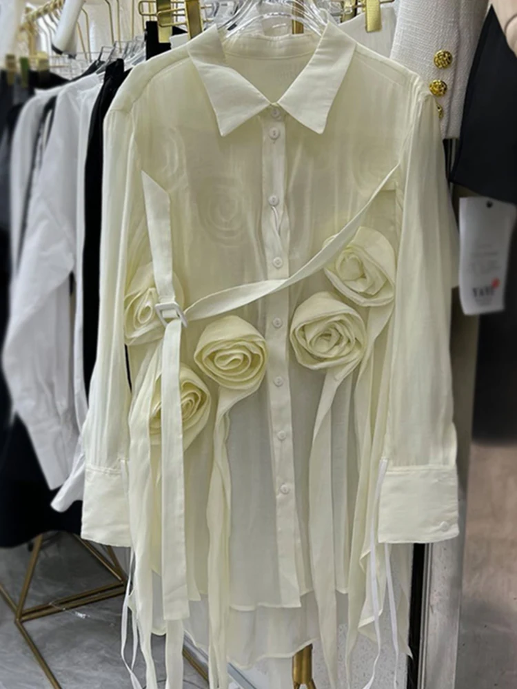 

2022 Spring Designer Midi Shirt Women Single Breasted 3D Rose Flowers Tassel Long Sleeve High Quality Sexy Shirt
