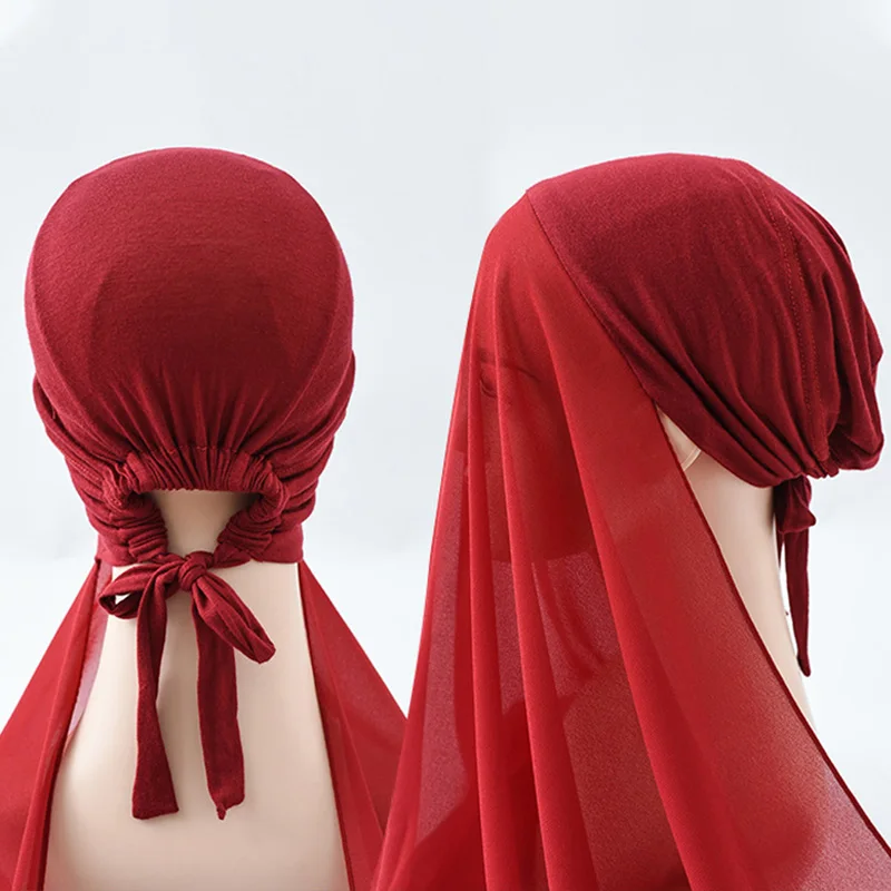 Women Underscarf Headscarf Turban Bonnet Cap Attached Chiffon Instant Hijab Adjustable Neck Cover Muslim Headwrap Long Shawl New
