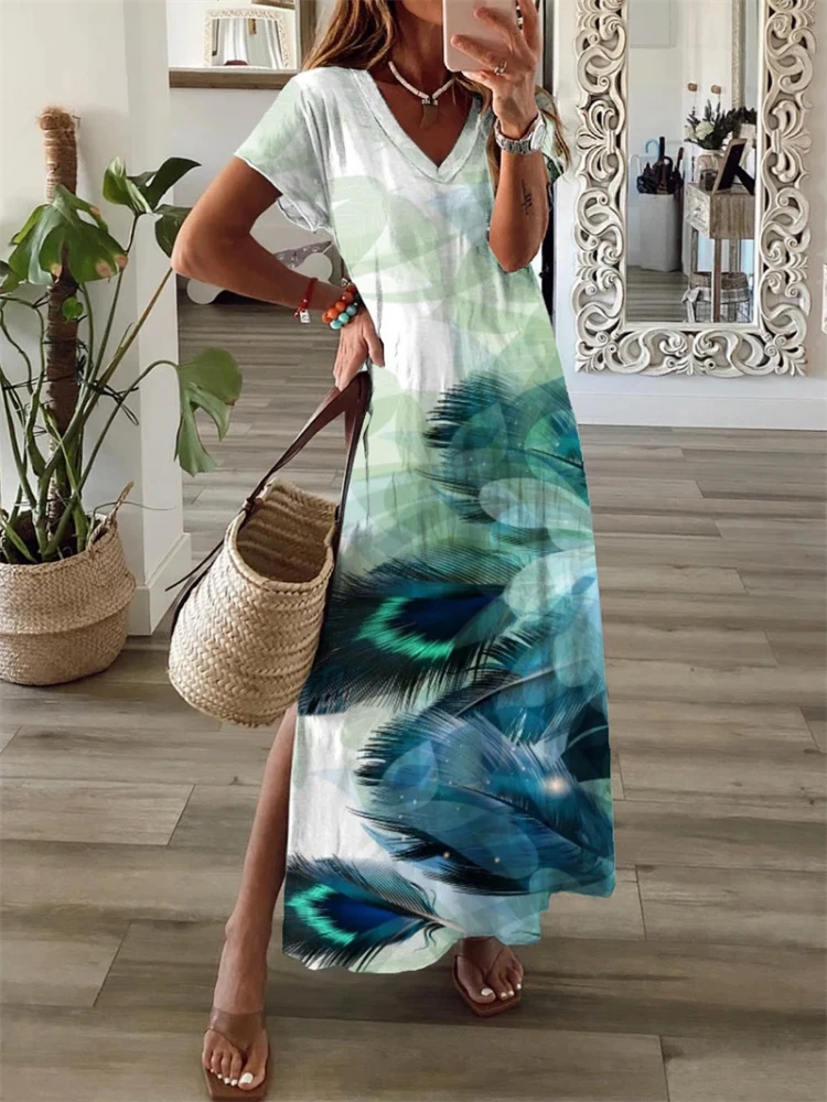 

Summer Maxi Dress Women Casual V Neck Femme Robe Boho Beach Dress Short Sleeve Long Dress Vintage Sundress Female Vestidos Mujer