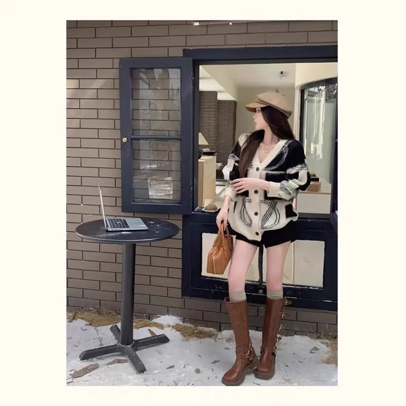 Свободный кардиган для женщин полосатый свитер с V-образным вырезом винтажный