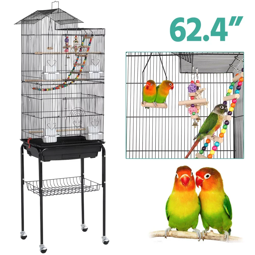 

SMILE MART 62.4" Rolling Mid-Size Bird Cage with Perches, Black