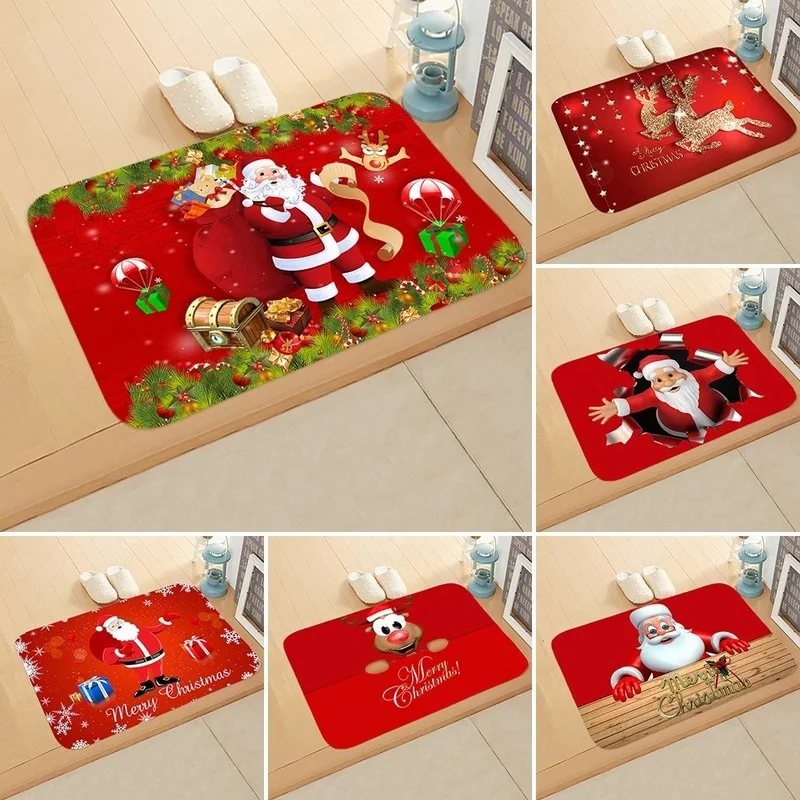 

Christmas New Year Festive Santa Claus Elk Floor Mat Bedroom Bathroom Home Absorbent Non-slip Floor Mat