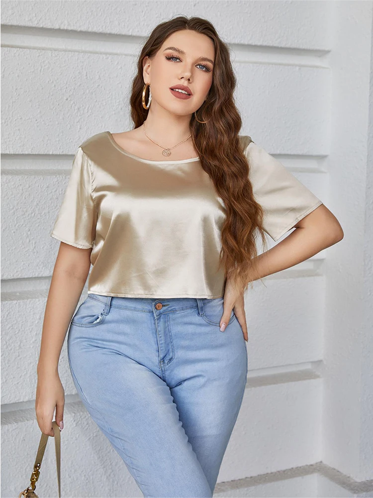 

Leechee Sexy Backless Tee Shirt Women Summer Solid Loose T-shirt Female O-Neck Plus Size Tees Tops Imitation Silk Short Sleeves
