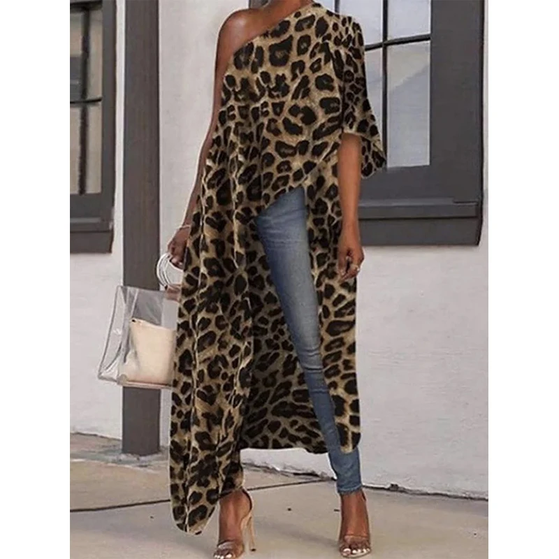 

Fastfashiongo Stylish Leopard Printed Female Asymmetric One-Shoulder Loose Casual T-Shirt Tops for Women 2023 Summer New