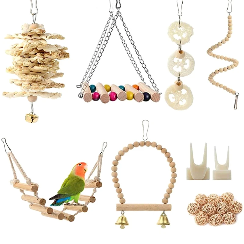 

Bird Toys 8 Models Set Including Rattan Balls Ladder Swing Vegetable Forks Hammock Chew Toys for Cage Easy to Install
