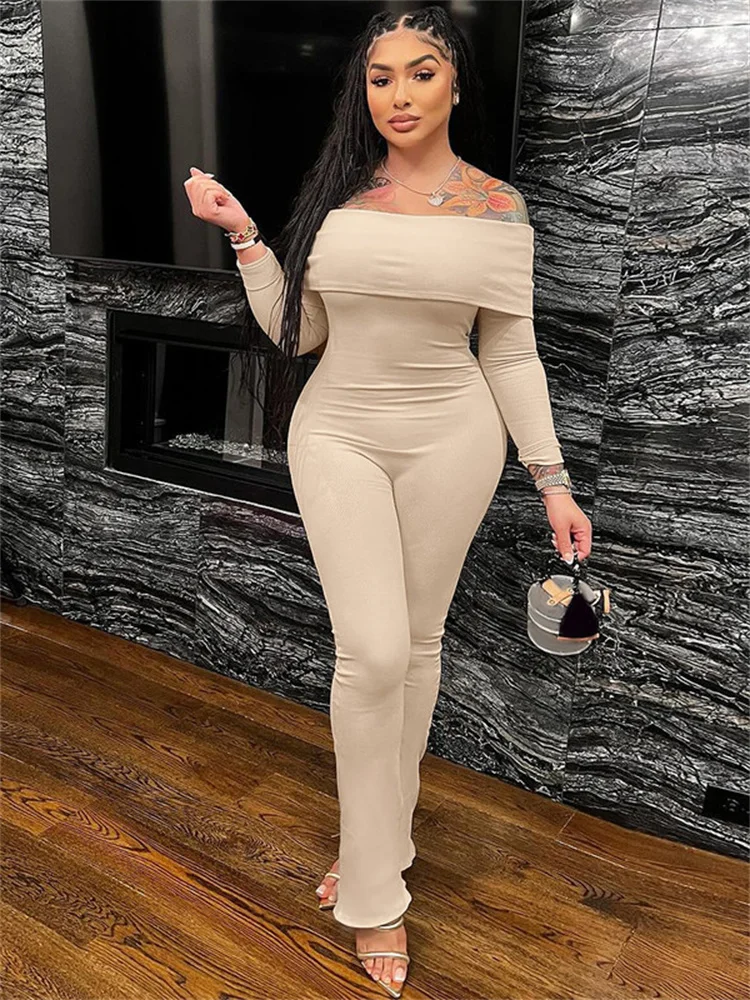 Однотонные облегающие комбинезоны с длинным рукавом и вырезом лодочкой