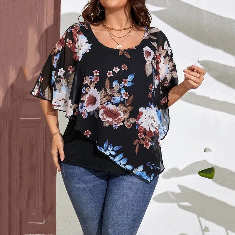 

Fashion O-Neck Shawl Fake Two Pieces T-Shirt Elegant Print Floral Irregular Shirt Temperament Office Loose Casual Female T-Shirt