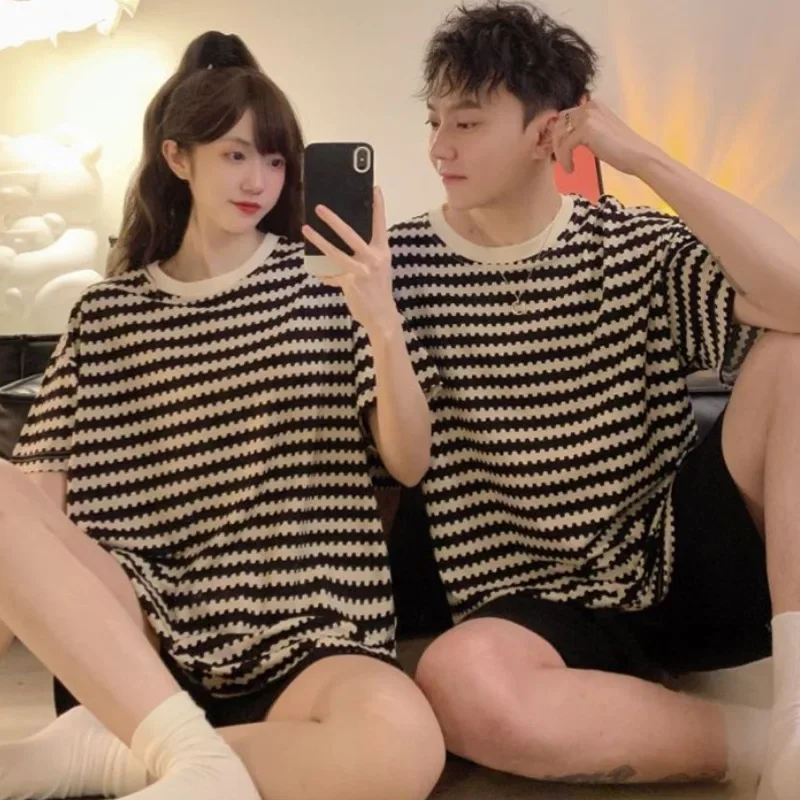 Простые корейские стильные пижамы для пар летние полосатые мужские и женские