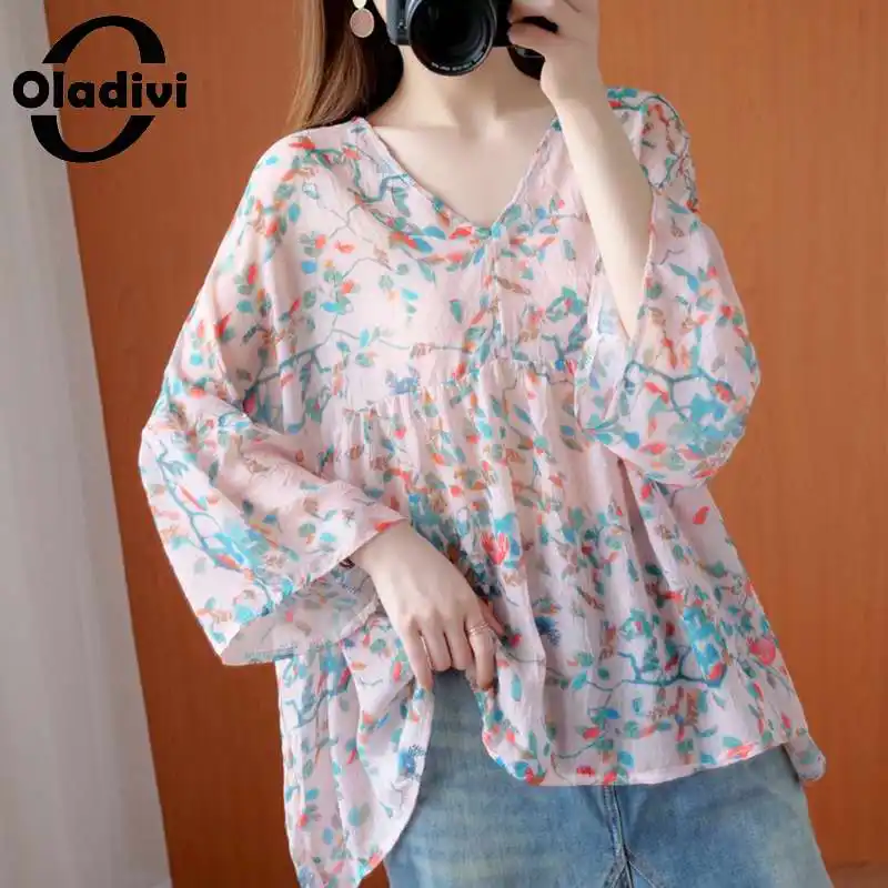 

Oladivi Oversized Clothes Women Fashion Print Chiffon Blouses Summer 2022 New Shirt Ladies Casual Loose Top Tee Cape Tunic Blusa
