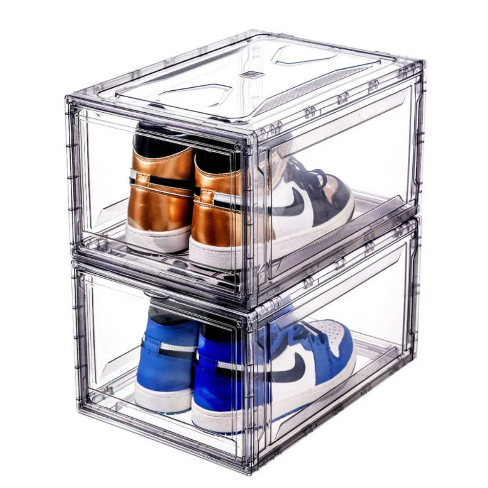 

Transparent Plastic Sneaker Stackable Shoe Storage Boxes Drop Front Acrylic Drawer Type Magnetic Clear Shoe Box Closet Organizer