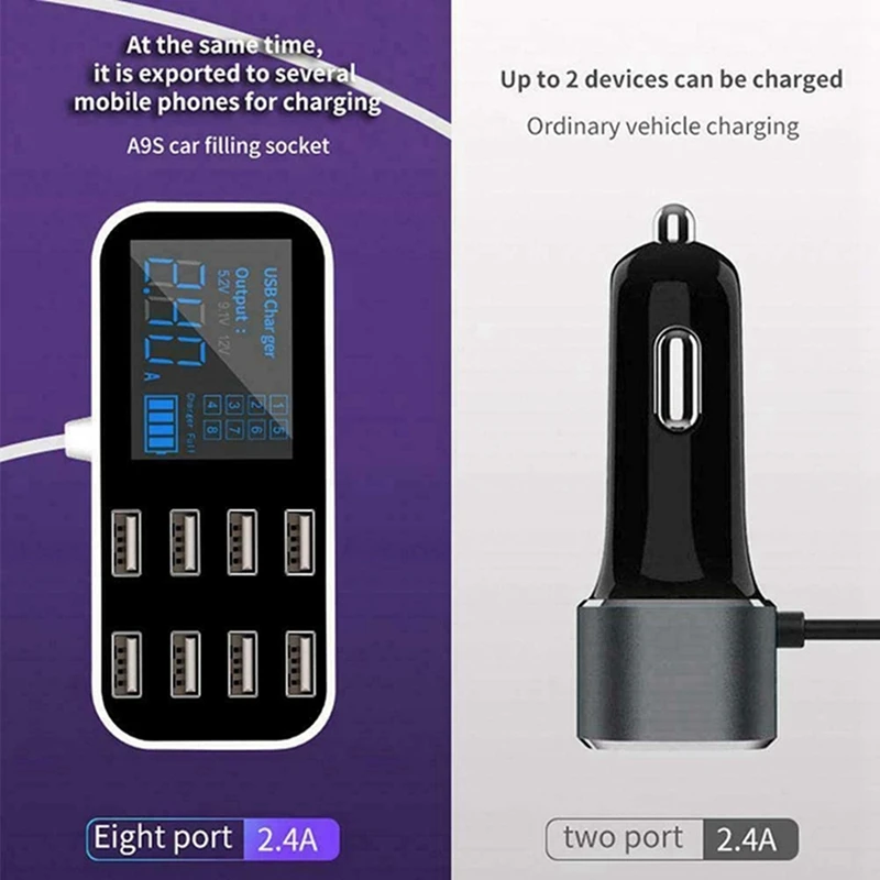 

2X A9S Fast Car Charger 8 Port Multi USB LCD Display Phone Charger 12V Battery Charger USB Hub For Phone Tablets GPS DVR