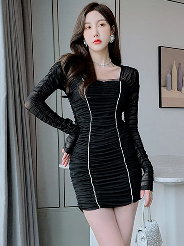 

High Quality Sexy Dress for Women 2022 Perspective Mesh Folds Diamonds Long Sleeve Hip Package Dresses Date Party Street Vestido