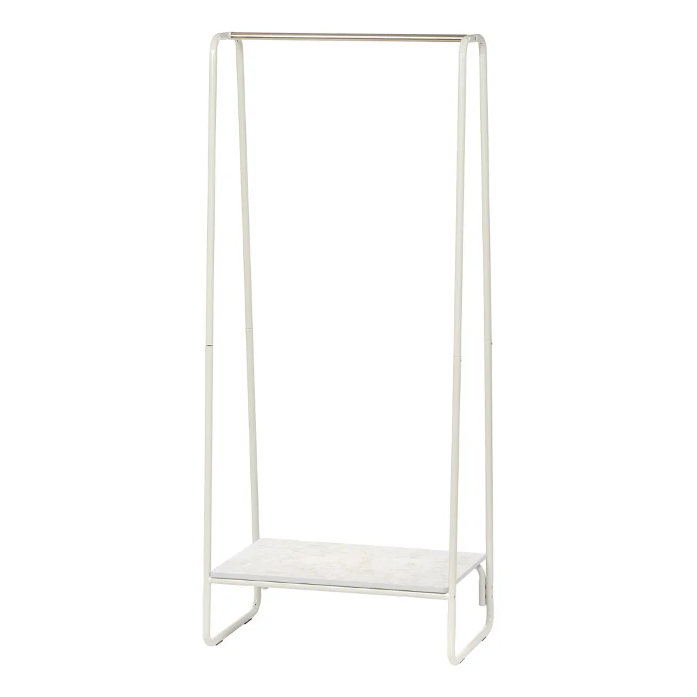 

USA, Metal Clothing Rack with Wood Shelf, White Marble