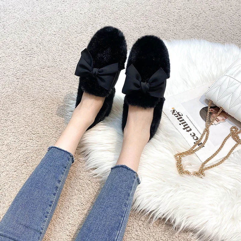 Women Winter Lace Butterfly-Knot Loafers Femme Plush Cotton Mocasines Fluffy Boots Big Size 35-43 Fur Flats Shoes