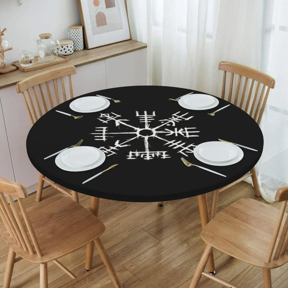 

Round Waterproof Viking Compass Vegvisir Table Cover Elastic Table Cloth Backed Edge Tablecloth for Dining