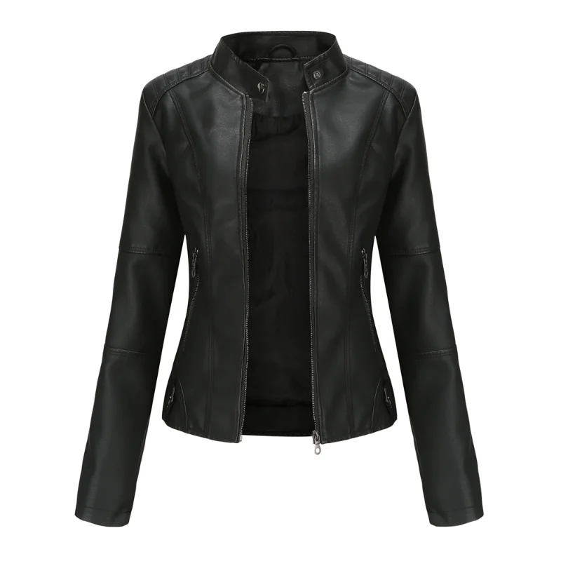 Thin Leather Jacket Slim Fit Motorcycle Suit Large Size Stand-up Collar Leather Jacket Women