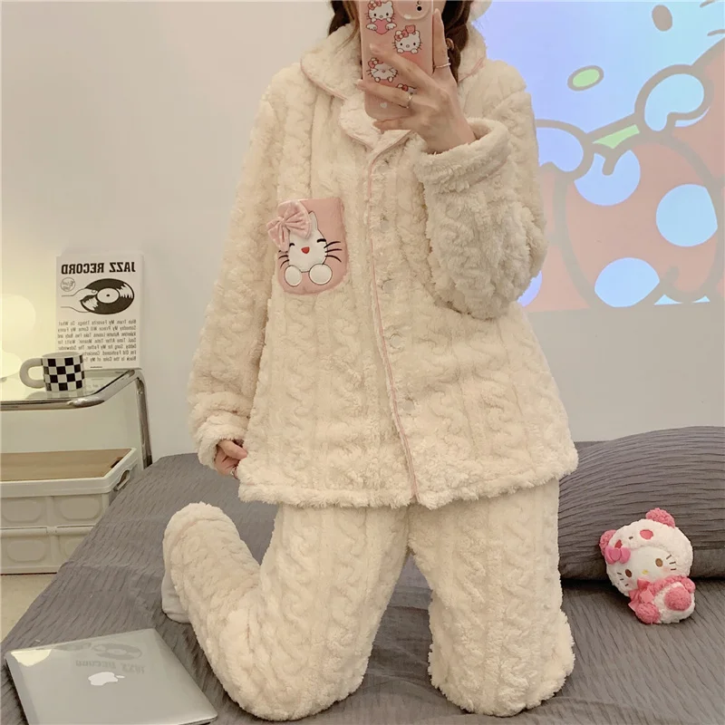 

Женский бархатный жаккардовый костюм Hello Kitty, осенне-зимний утепленный жаккардовый домашний костюм из кораллового бархата
