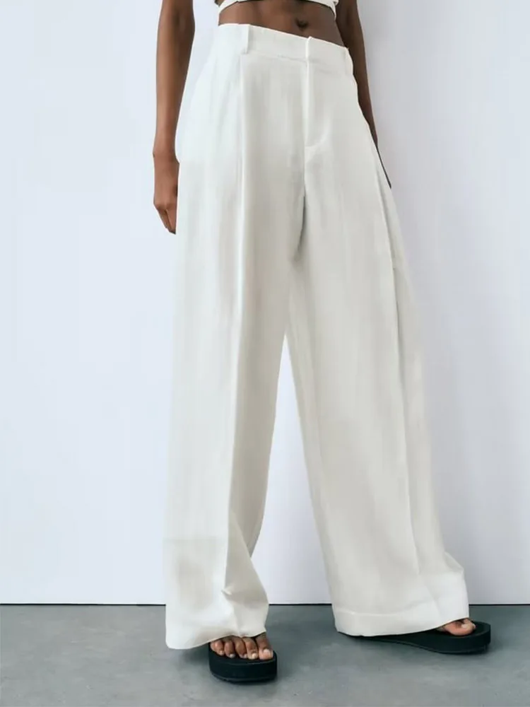 

NEW 2023 Women Summer Wide Leg Pants Casual Solid Linen High Waist Zipper Female Elegant Street Pant Trousers Clothing