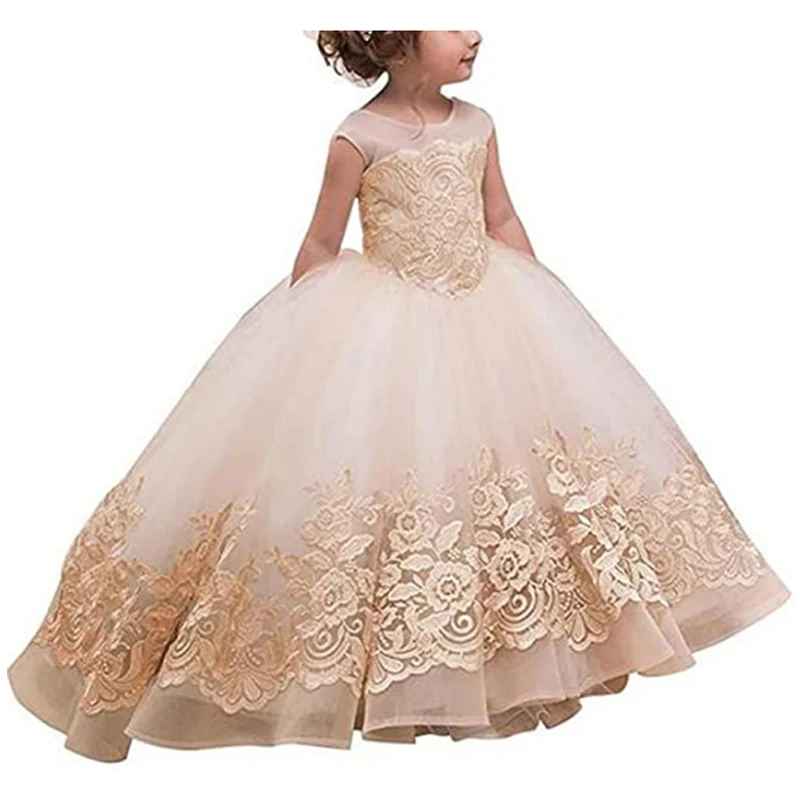 

Champagne Flower Girl Dresses Long Lace Appliques For Wedding Birthday Ball Gown First Holy Communion Dresses Customize