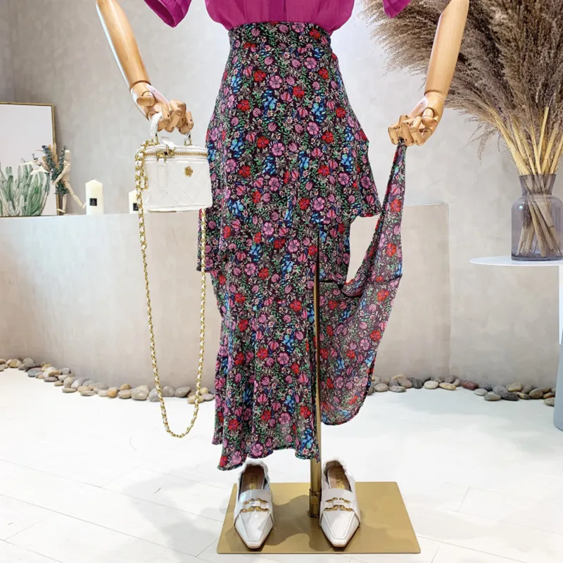 

New Women's Clothing 2022 Spring Chiffon floral skirt high waist thin irregular ruffled cake skirt