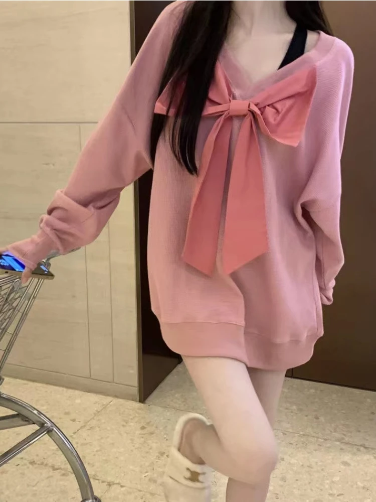 

Deeptown Korean Fashion Bow Hoodies Women Harajuku Vintage Gray Oversized Sweatshirts Pink Sweet Preppy Style Casual V-neck Tops