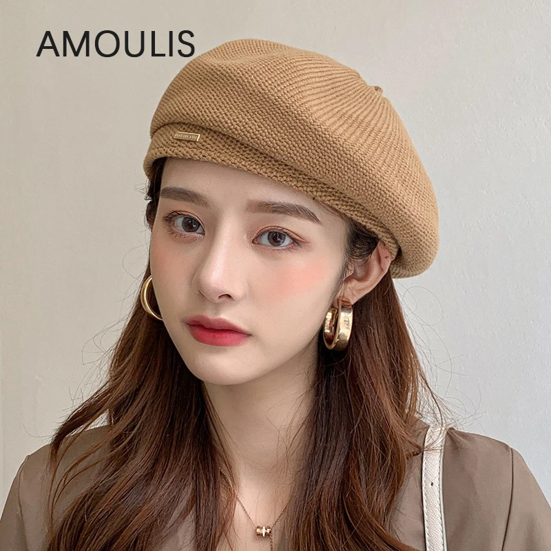 

AMOULIS Winter Wool Berets Caps for Women French Artist Style Painter Hat Female Retro Street Girls Octagonal Beret Warm Beanies