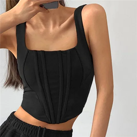 2023 Summer Crop Tops Sexy Square Neck Tight Backless Short Top  Sleeveless Tank Tops Women Casual Solid Color Basic Camisole
