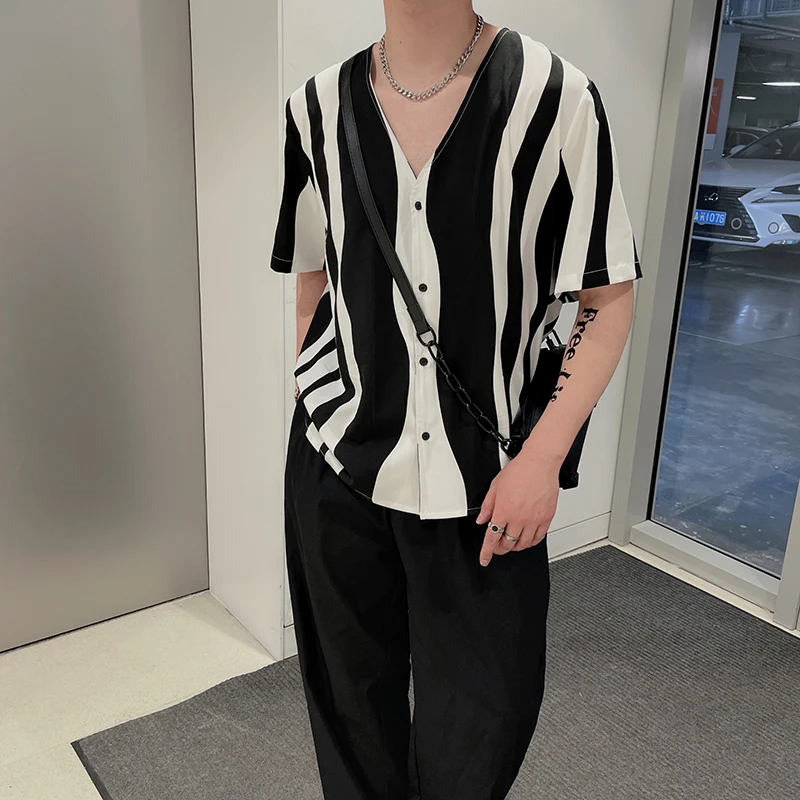 Collarless Zebra Shirts for Men Summer Short Sleeve Sexy V Neck Casual Shirts Loose Social Oversized Tops Hip Hop Harajuku Shirt