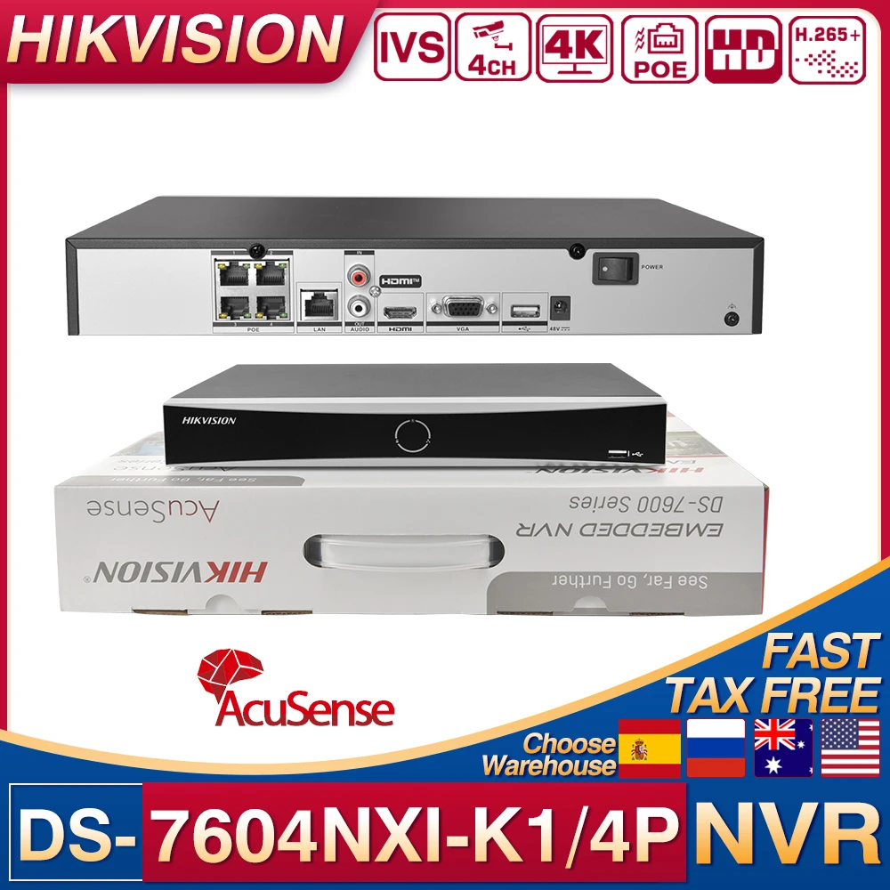 

Hikvision AcuSense 4CH 4POE 4K NVR DS-7604NXI-K1/4P Порты 1SATA 12MP Сетевой видеорегистратор Распознавание лиц Обнаружение движенияV